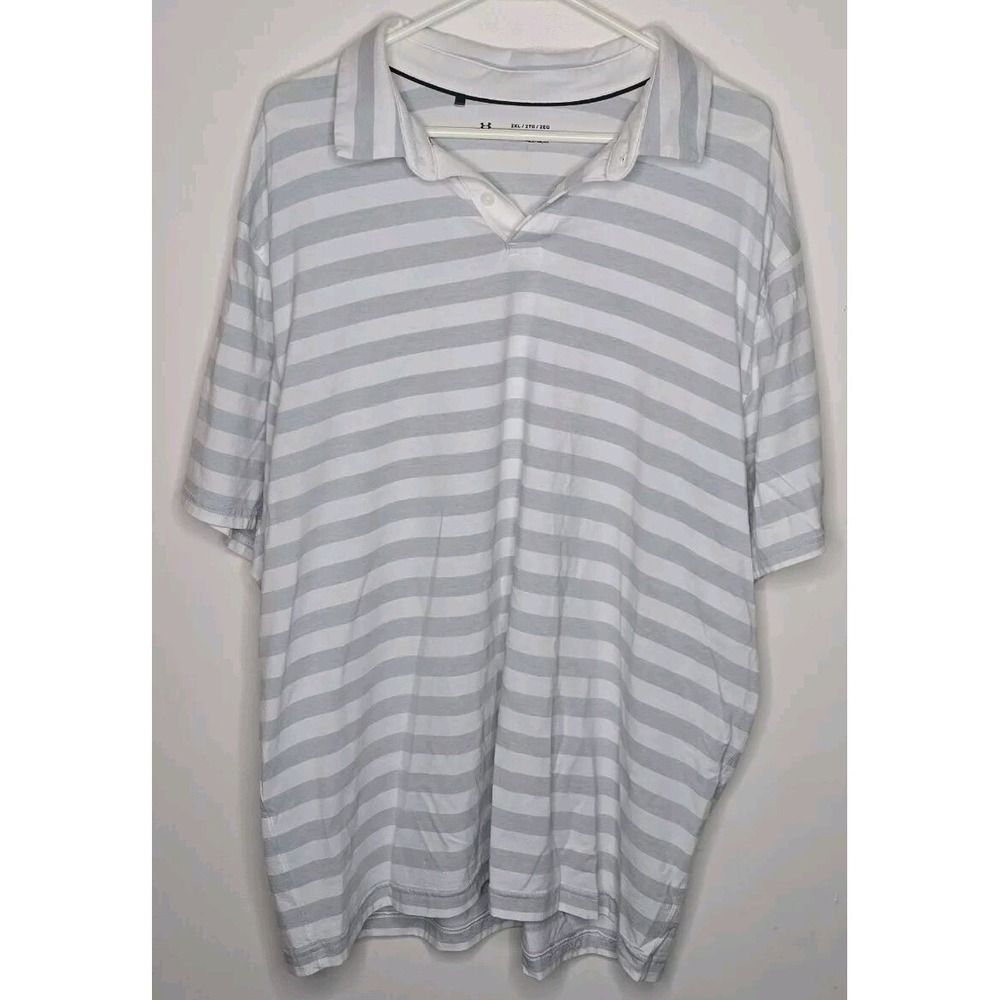 Under Armour HeatGear Polo Mens Loose Fit White Stripe Short Sleeve Preppy 2XL